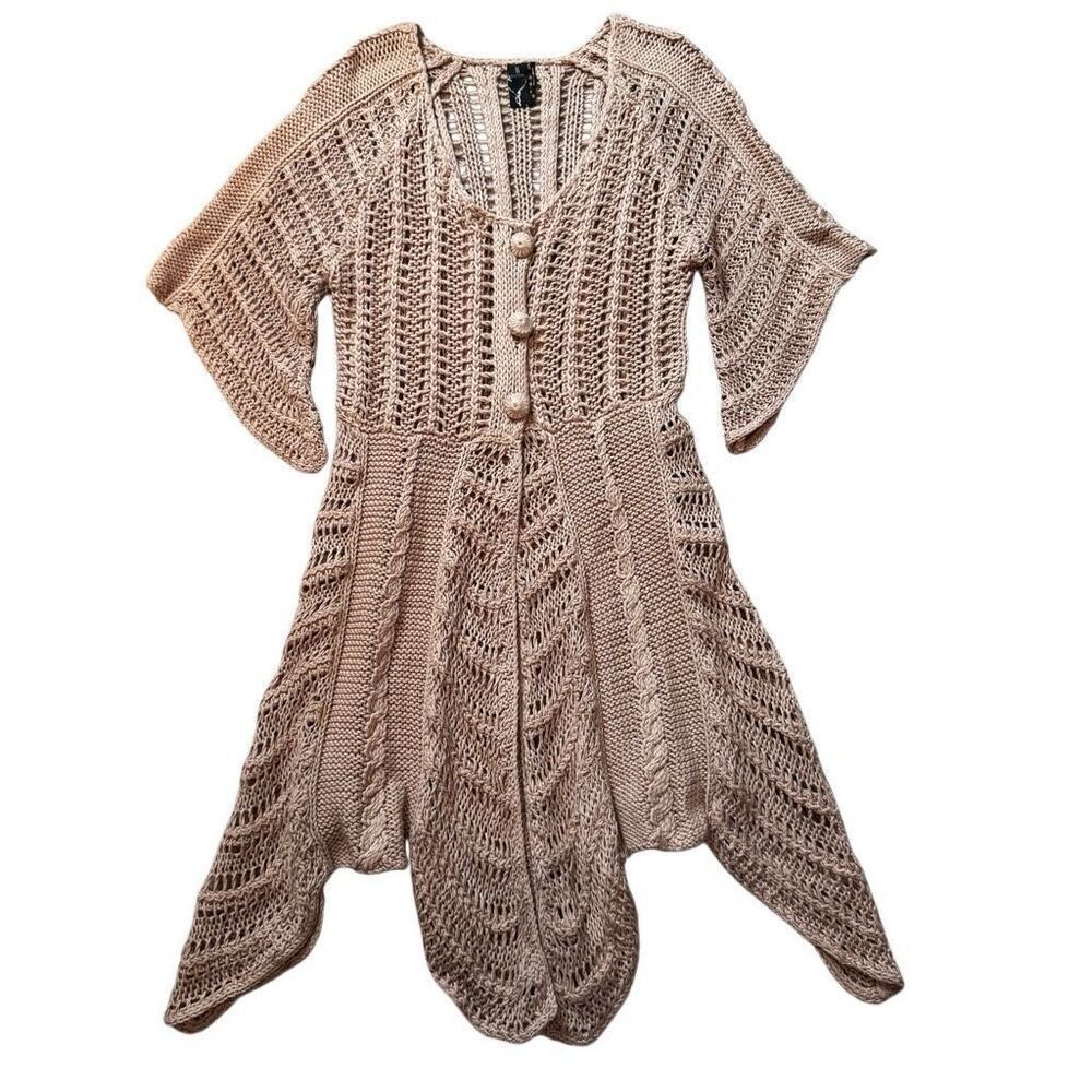 Two Sisters Crochet Open Knit Cardigan Women’s M Fairy Flare Sleeve Tan